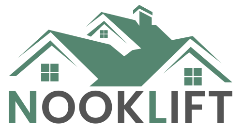 Logo of Nooklift with a stylized house design on a green background