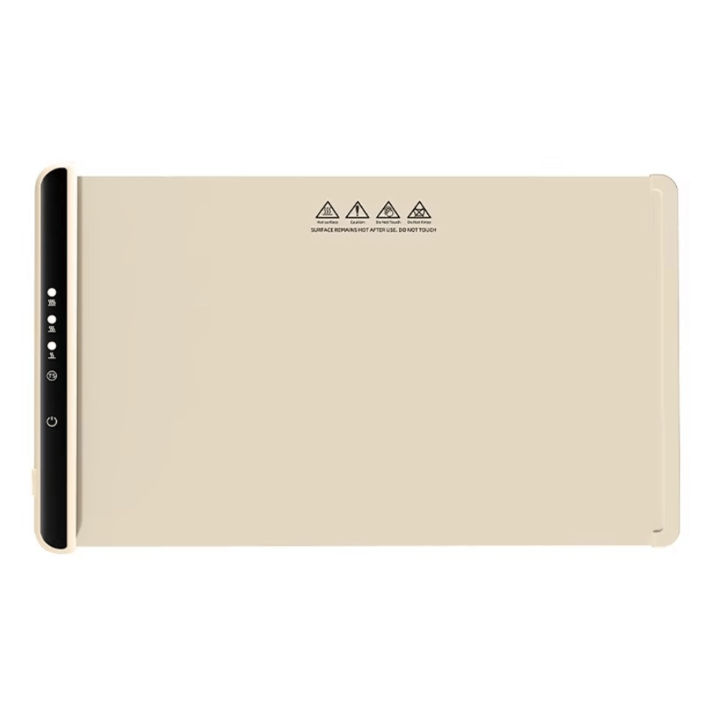 Beige tablet case with warning labels on a white background