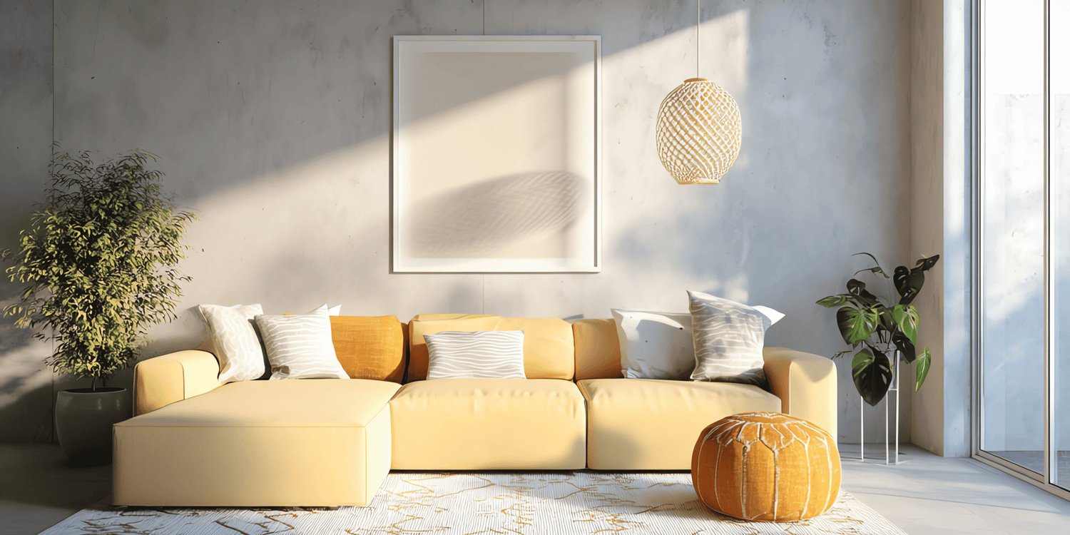 Modern living room with a yellow sectional sofa, white walls, and decorative elements.