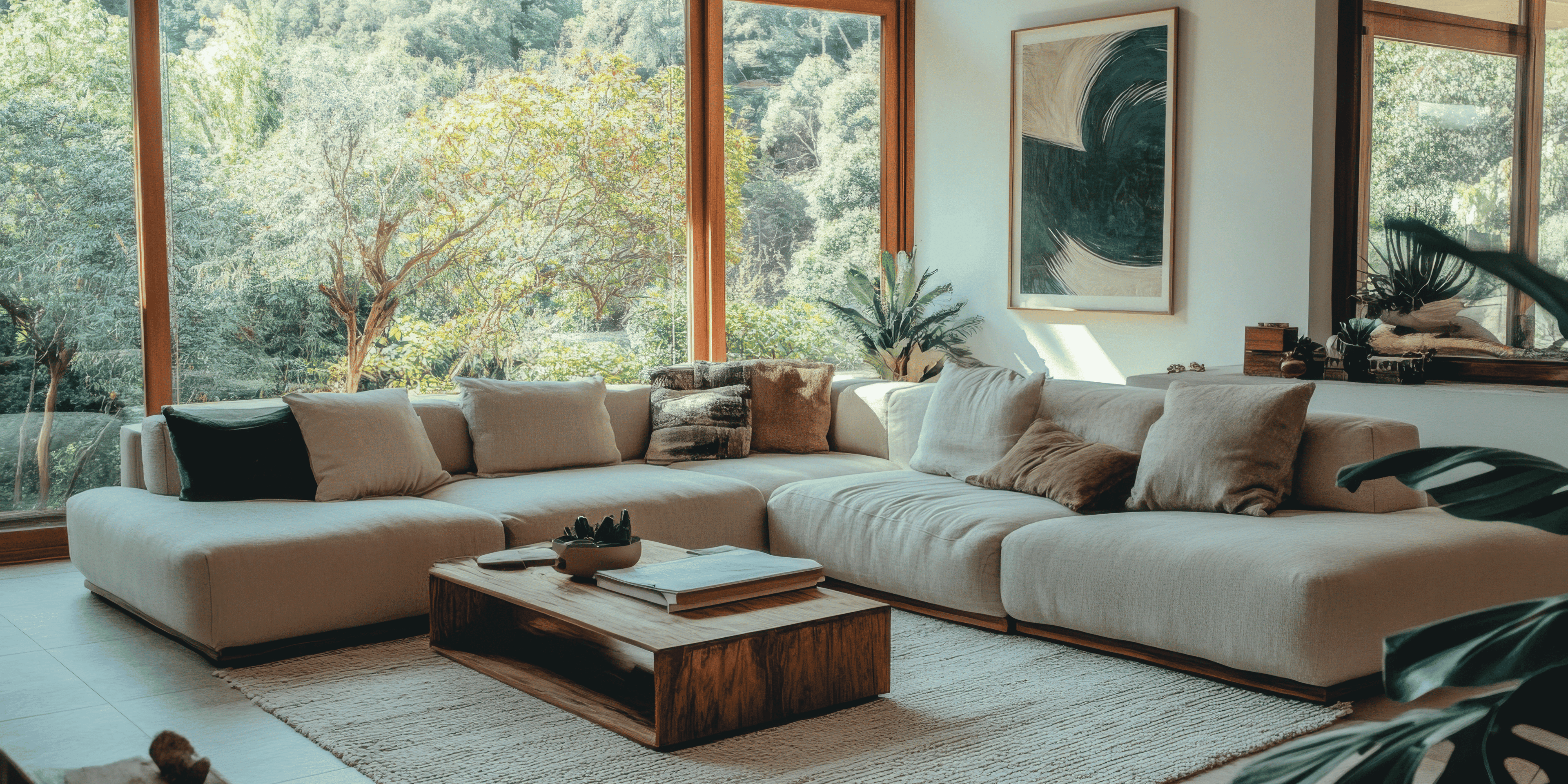 Modern living room with a sectional sofa, wooden coffee table, and large windows.