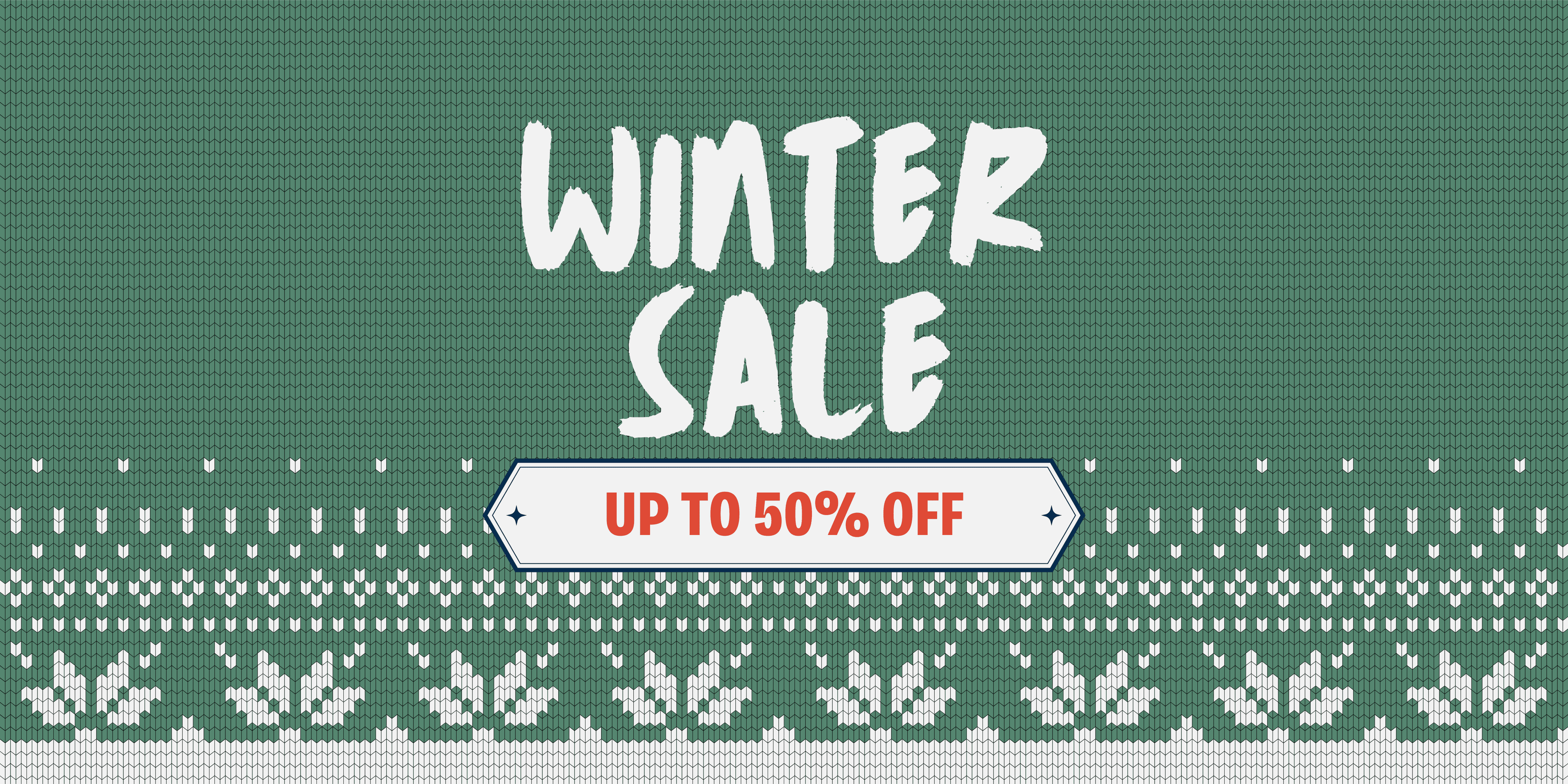 Winter sale banner with text 'Winter Sale Up to 50% Off' on a green patterned background
