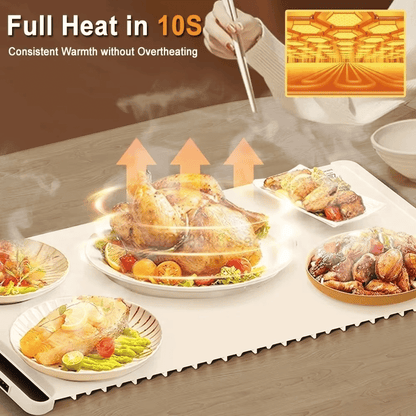 Heating mat with food on a table, showing quick heating capability.