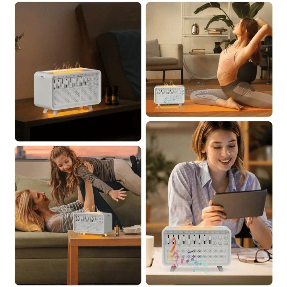Collage of a white electronic device in various settings with people using it.
