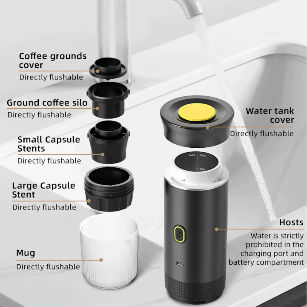 Portable Espresso Machine 3-in-1 kit with capsule adapters + ground coffee basket—easy rinse/clean parts