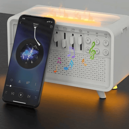 Smartphone displaying a music app next to a white electronic device with musical notes on a dark surface