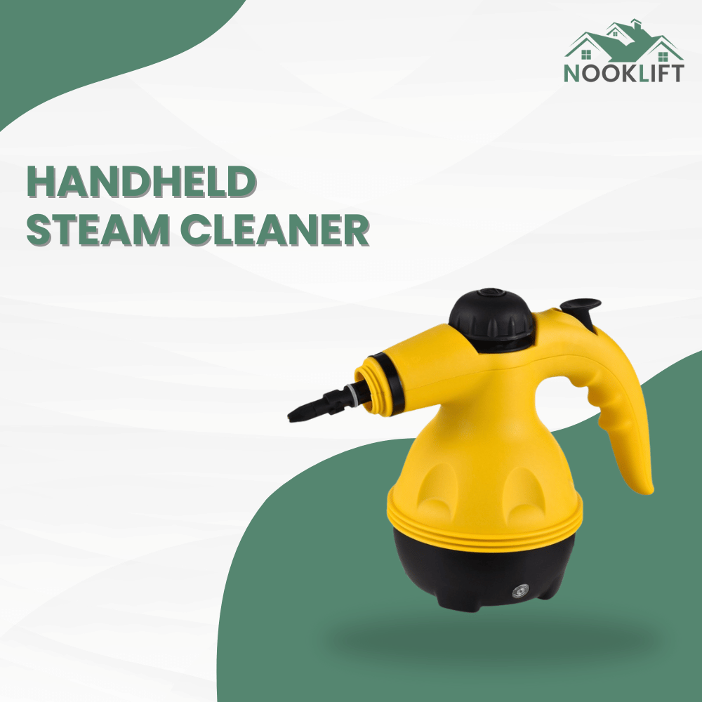 Yellow handheld steam cleaner with 'Nooklift' branding on a green and white background
