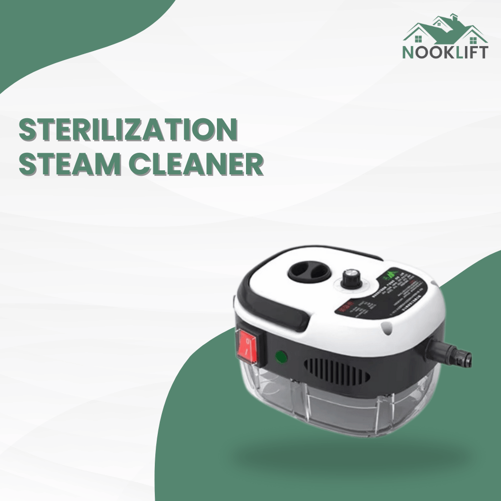 Sterilization steam cleaner with 'Nooklift' branding on a white and green background