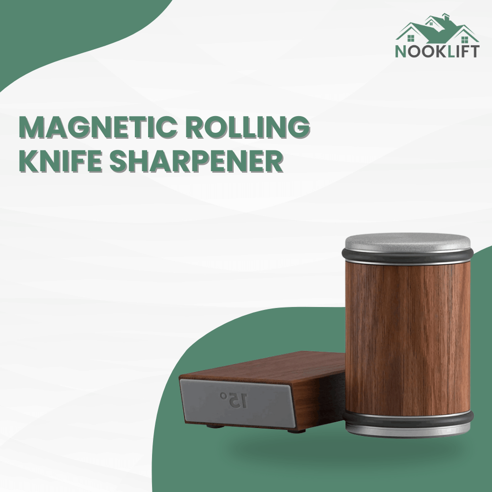 Wooden magnetic rolling knife sharpener with 'Nooklift' branding on a green and white background.