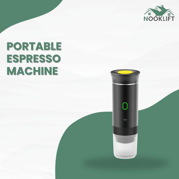 Portable espresso machine with Nooklift branding on a green and white background