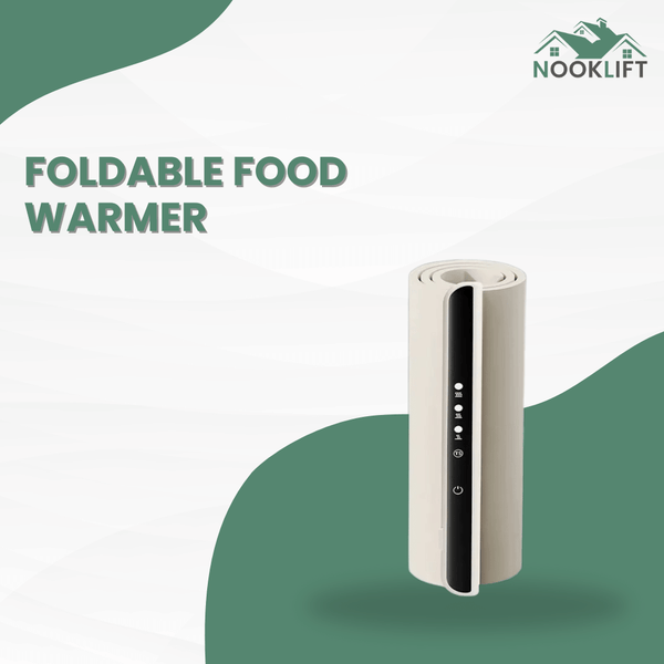 Foldable food warmer with Nooklift branding on a green and white background