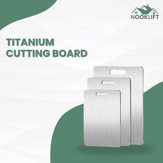 Three titanium cutting boards with 'Nooklift' branding on a white background