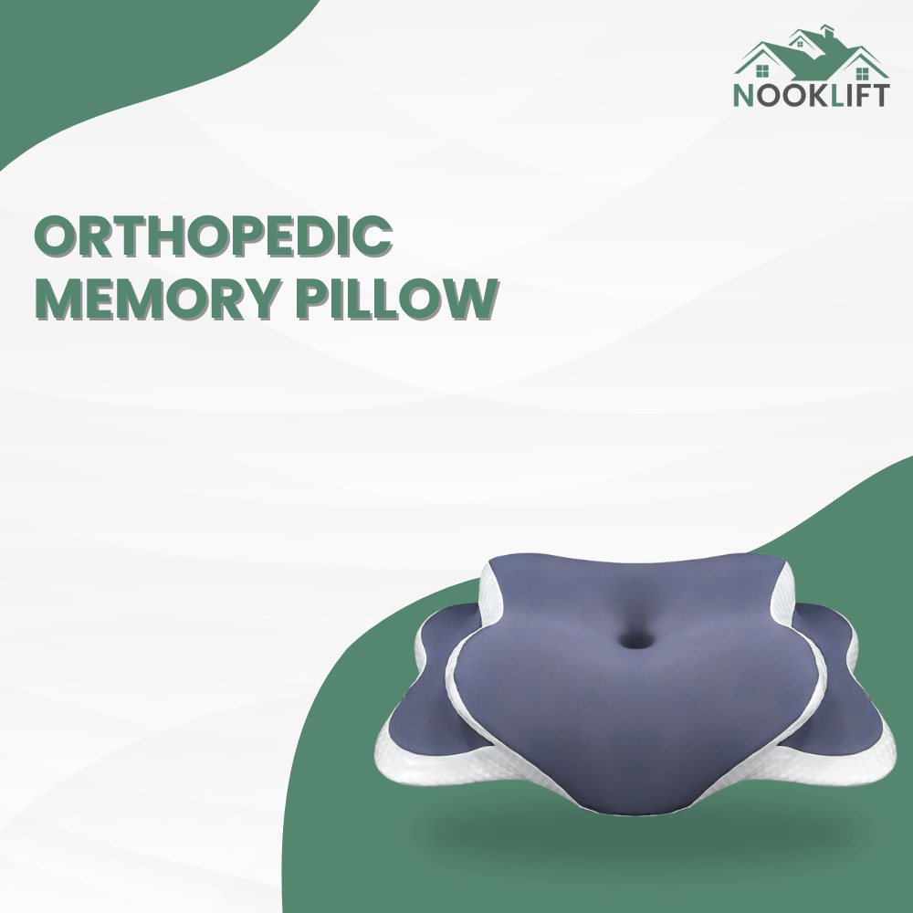 Orthopedic memory pillow with Nooklift branding on a green and white background