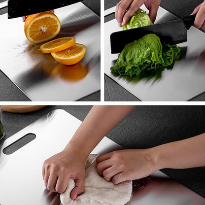 Collage of a knife cutting an orange, lettuce, and kneading dough on a cutting board.