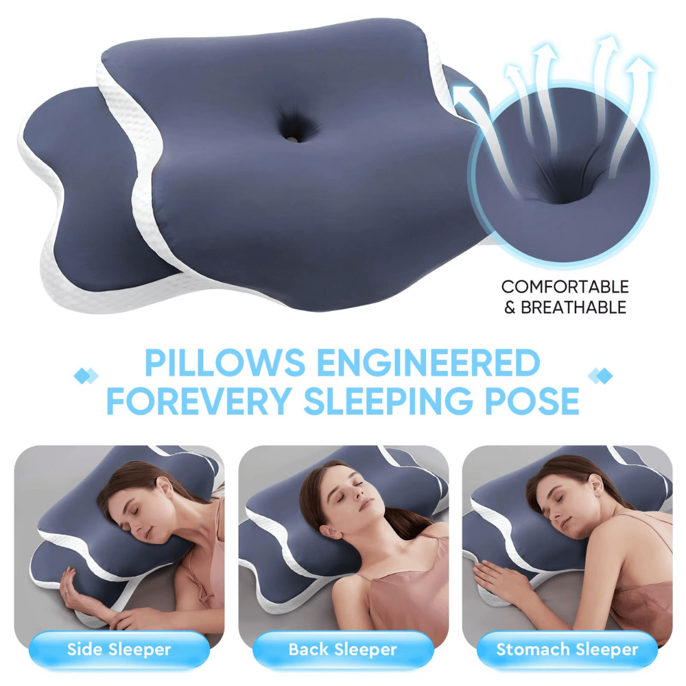 Ergonomic pillow with text highlighting comfort and engineering for various sleepers.