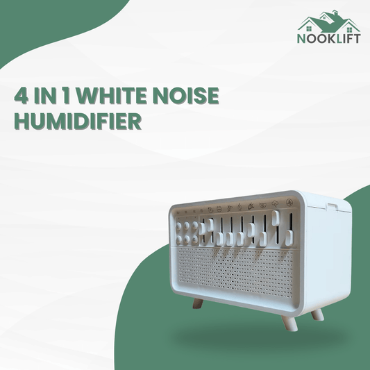 4-in-1 white noise humidifier with 'Nooklift' branding on a green and white background
