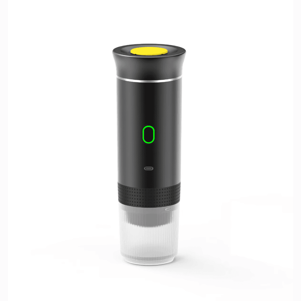 Black electric wine bottle opener with a clear base on a white background