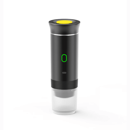 Black electric wine bottle opener with a clear base on a white background