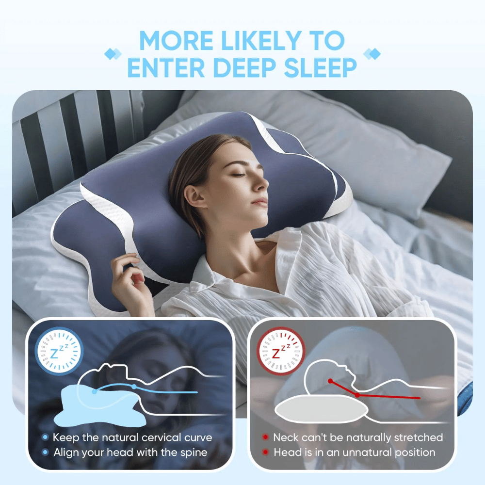 Woman using a cervical pillow with text about deep sleep and sleep positions.