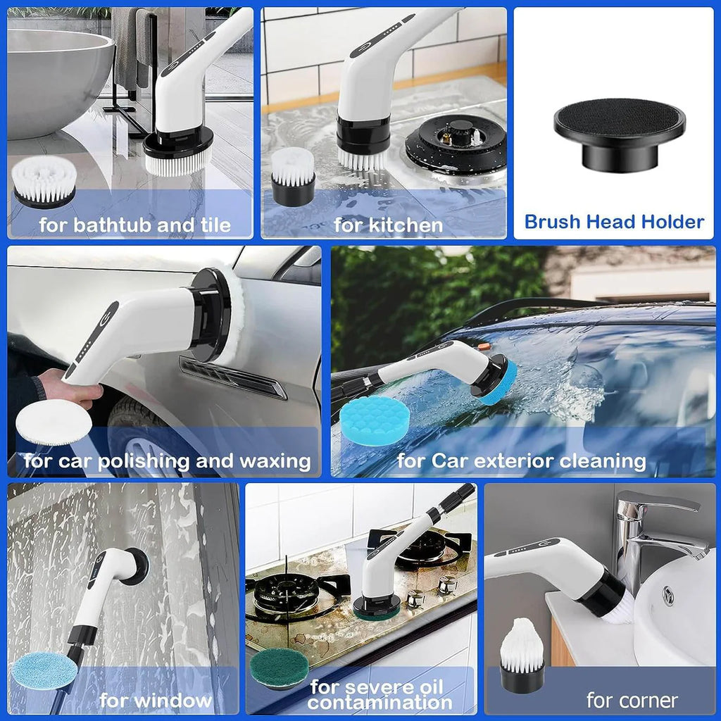 7-in-1 Electric Cleaning Brush with interchangeable heads — ideal for car, kitchen, tile, and window cleaning