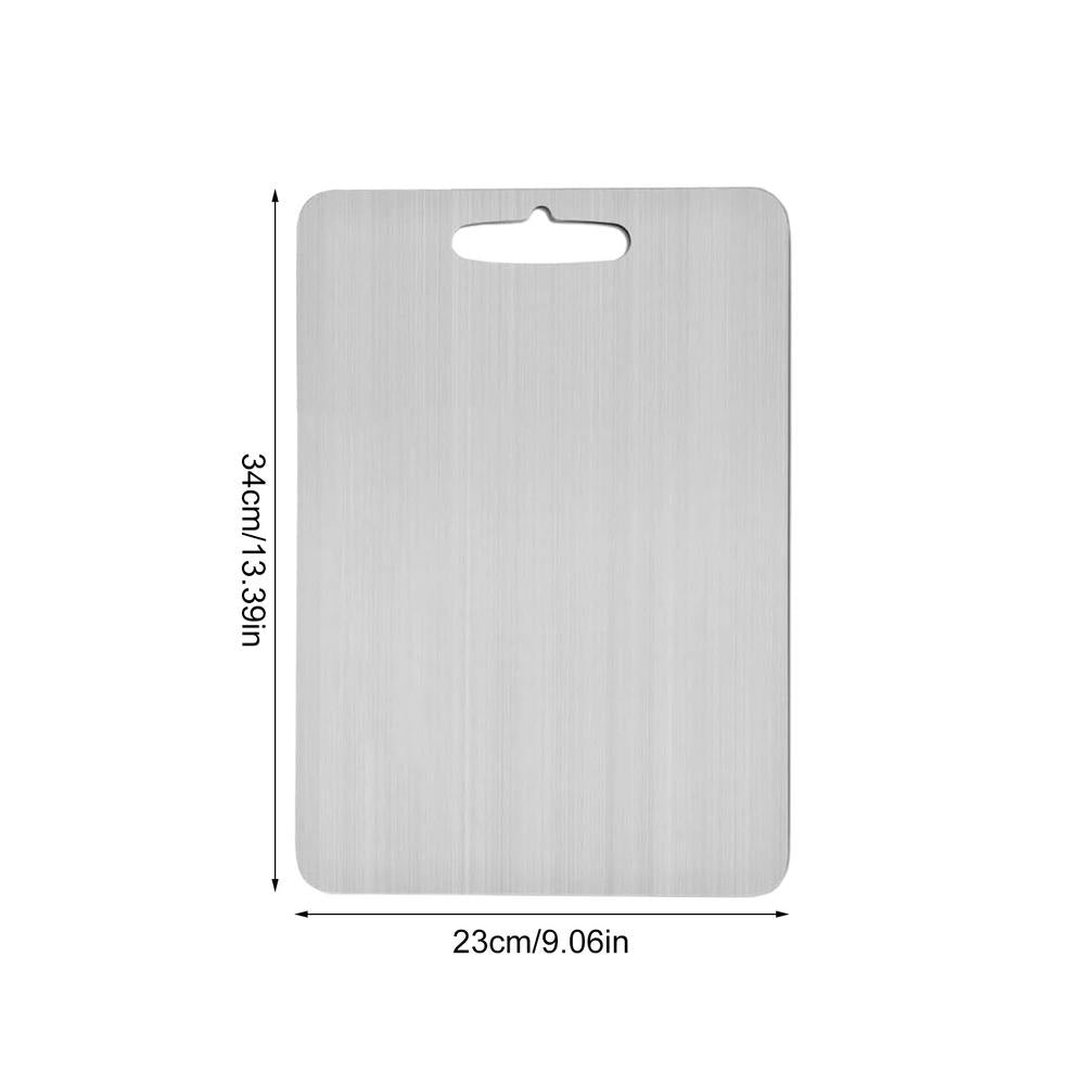 Rectangular metal cutting board with dimensions on a white background