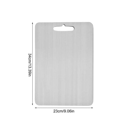 Rectangular metal cutting board with dimensions on a white background