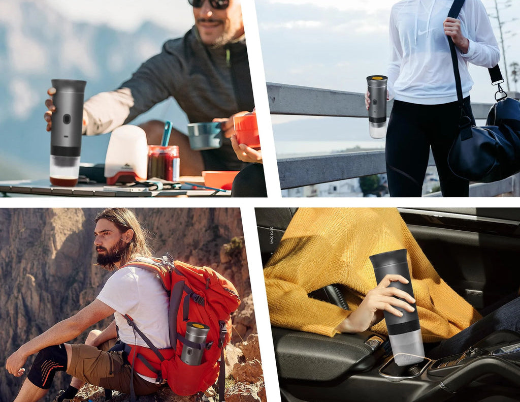 Collage of people using a black insulated travel mug in various settings.
