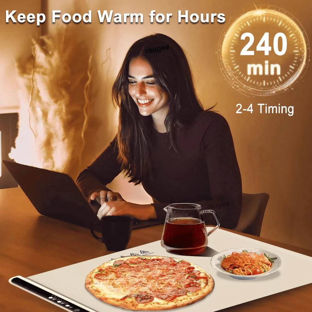 Foldable Food Warmer warming tray with 2–4 hour timer keeping pizza and meals hot during work or hosting