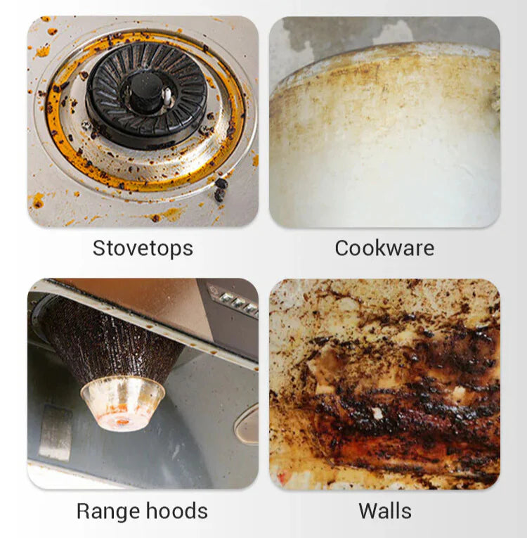 Sterilization Steam Cleaner use cases collage for stovetops, cookware, range hoods and walls with adjustable steam levels