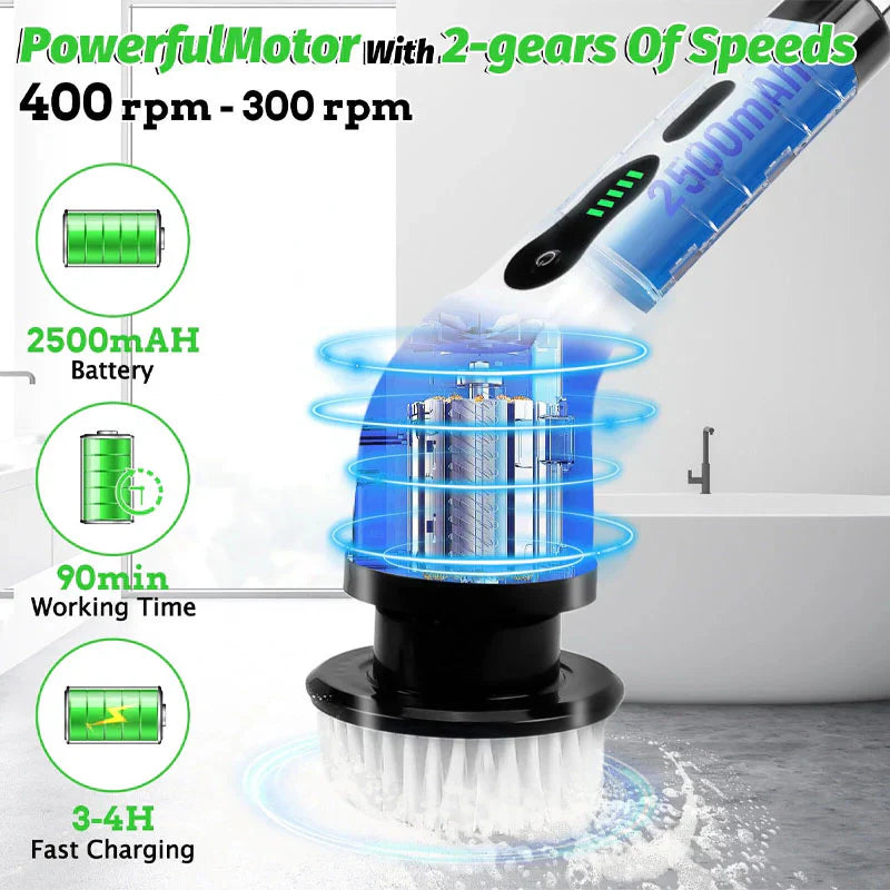 7-in-1 Electric Cleaning Brush with 25W high-torque motor — dual-speed 300–400 RPM power for deep scrubbing
